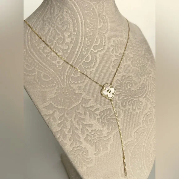 Rachel Zoe Clover Necklace Y Chain Zirconia Mother of Pearl 14k Gold Color - Picture 5 of 7